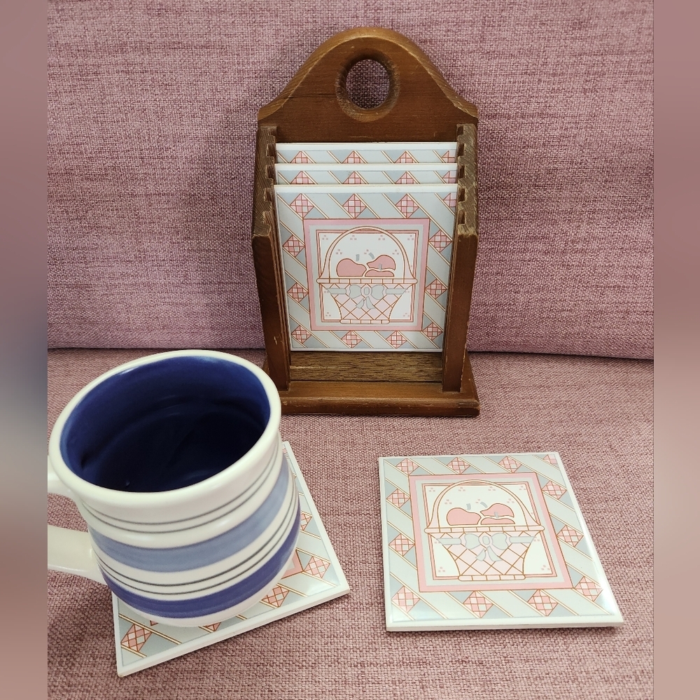 Vintage 1989 House of Lloyd Country Cottage Set of 4 Tile Coaster / Trivet Set